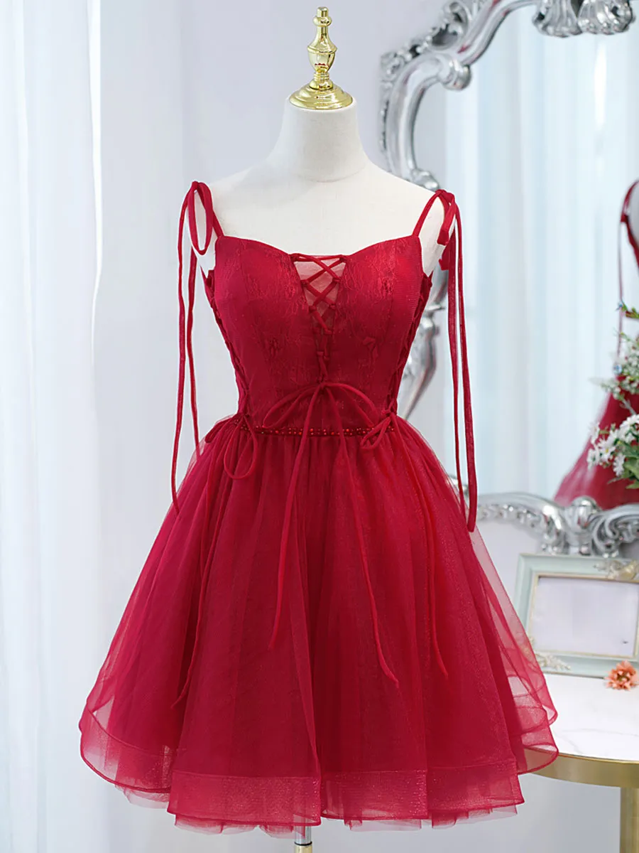 Burgundy Tulle Lace Short Prom Dress Burgundy Homecoming Dress