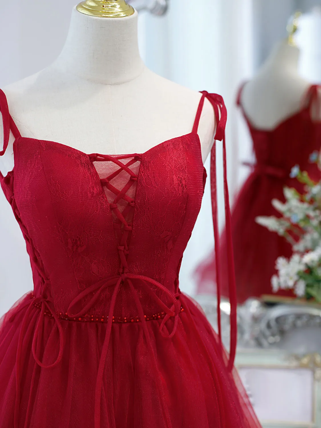 Burgundy Tulle Lace Short Prom Dress Burgundy Homecoming Dress