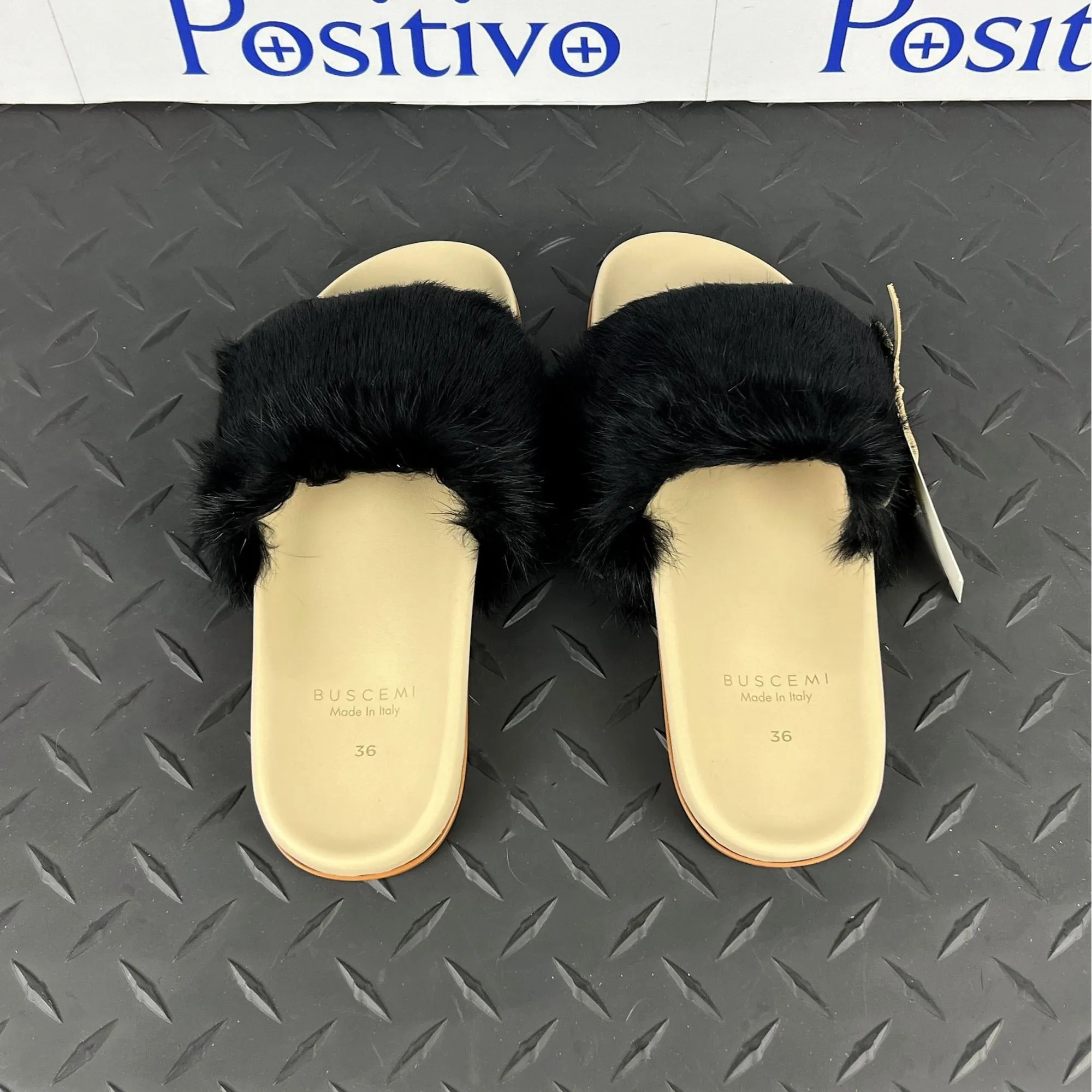 Buscemi Women's Slide Fur Clot Black Leather Slippers