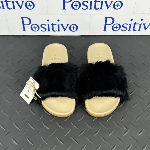 Buscemi Women's Slide Fur Clot Black Leather Slippers