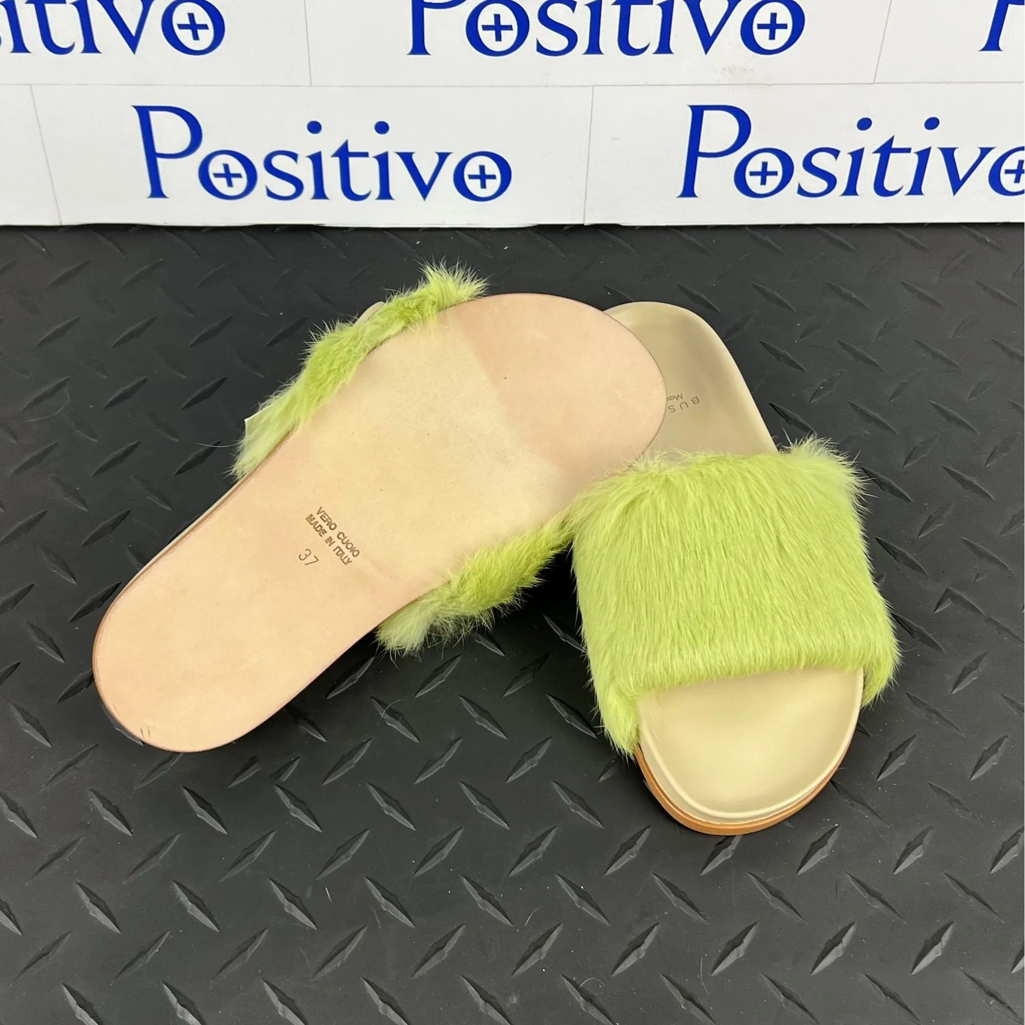 Buscemi Women's Slide Fur Clot Green Leather Slippers