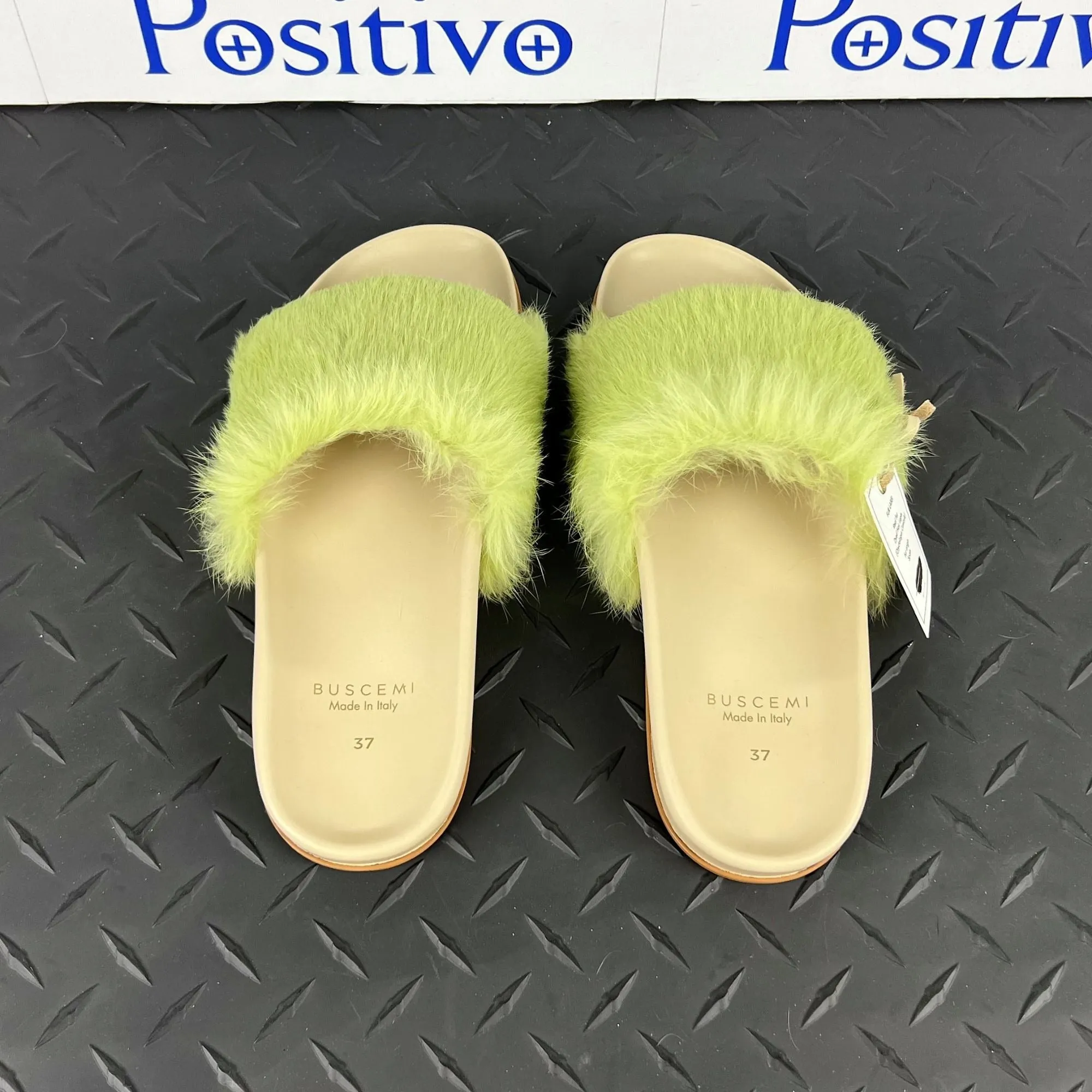 Buscemi Women's Slide Fur Clot Green Leather Slippers