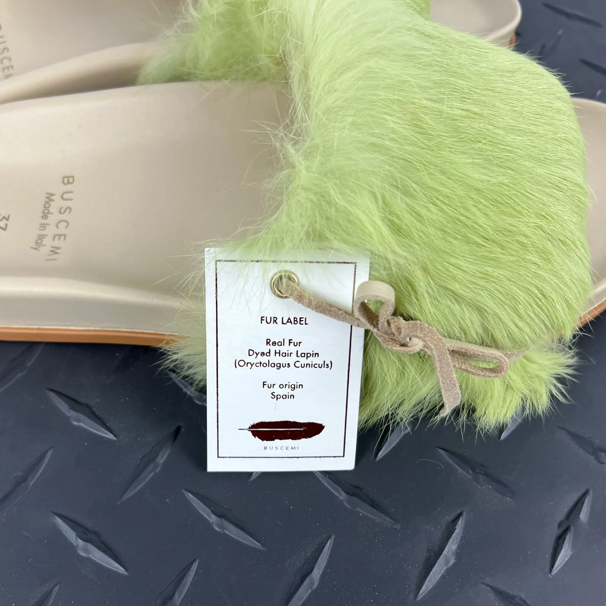 Buscemi Women's Slide Fur Clot Green Leather Slippers