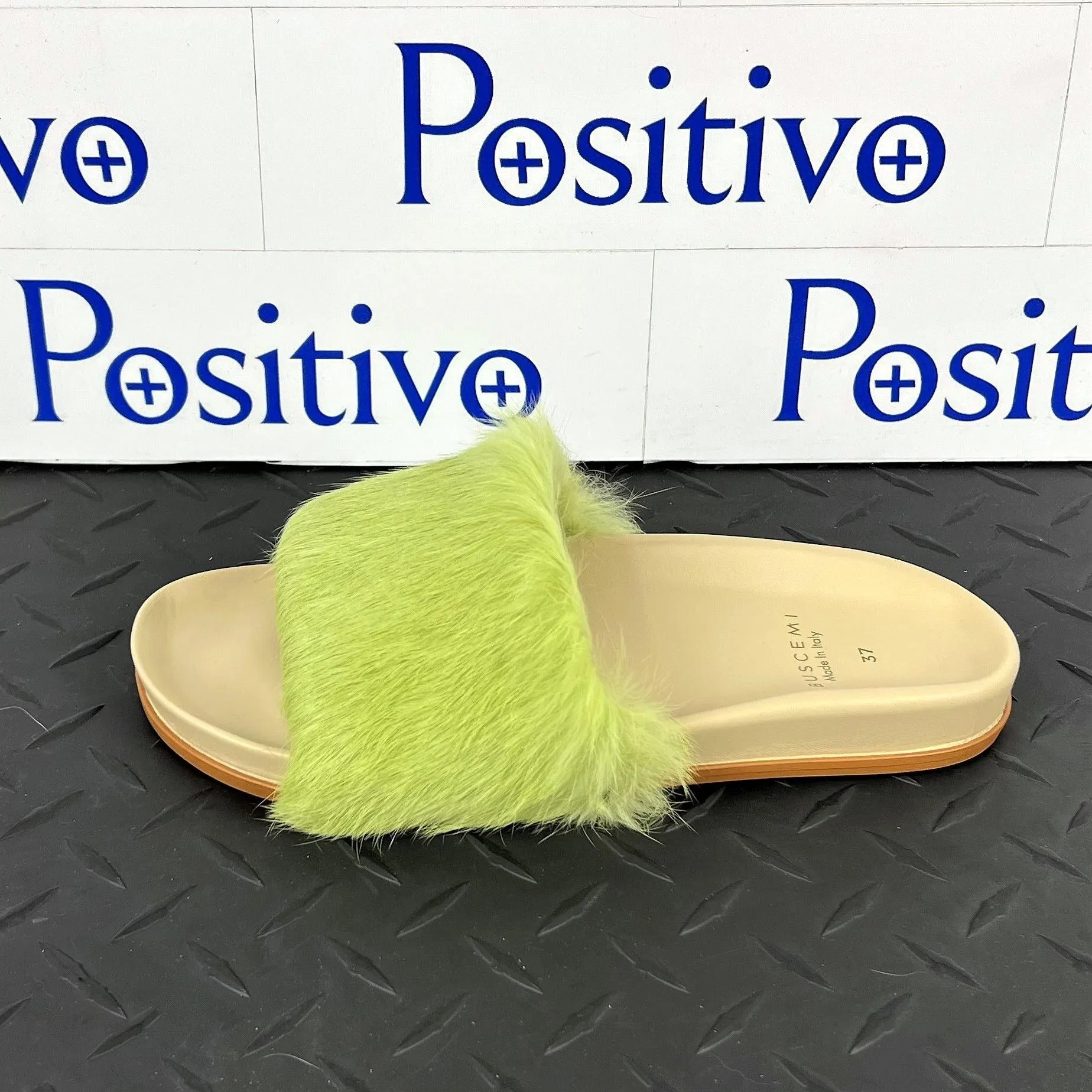 Buscemi Women's Slide Fur Clot Green Leather Slippers