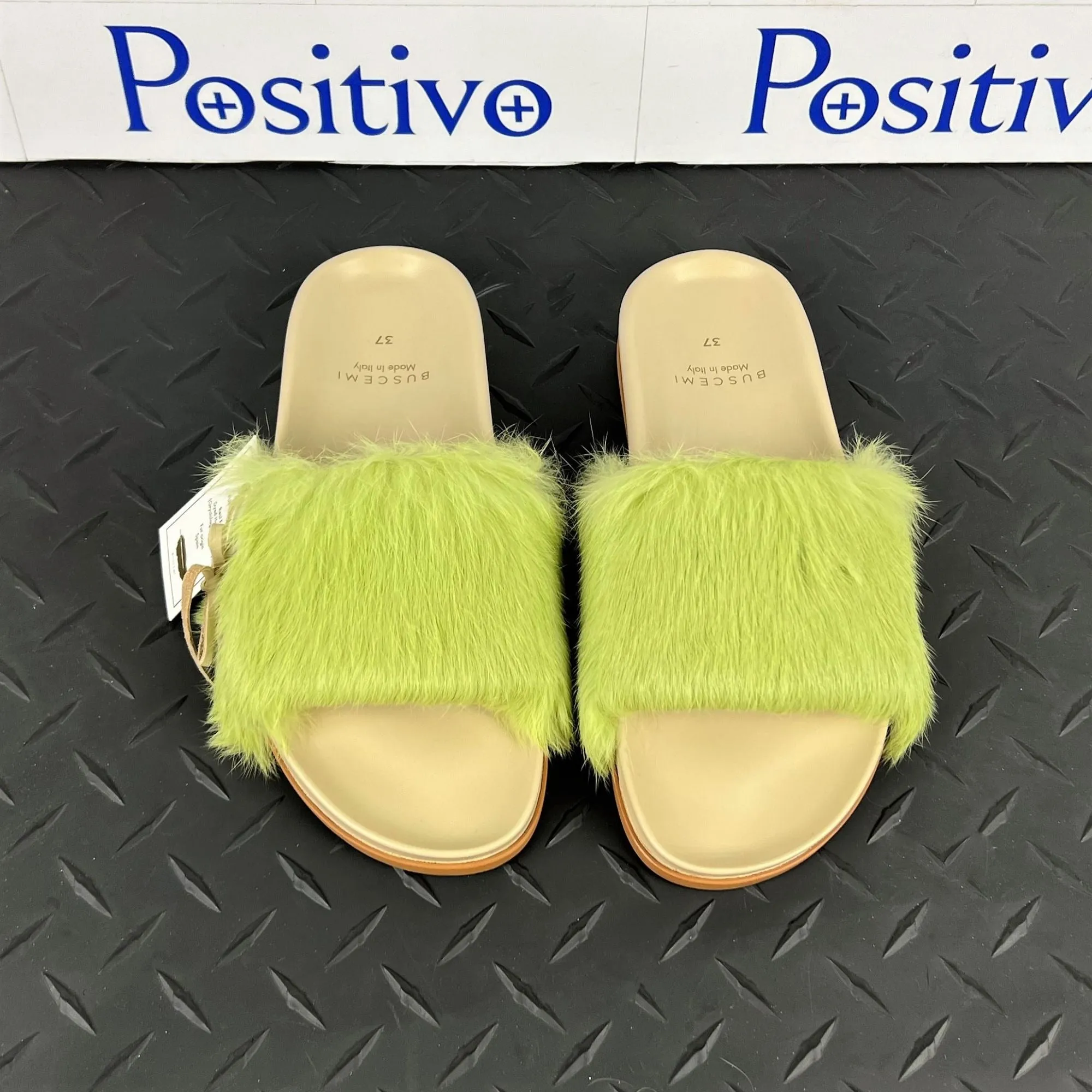 Buscemi Women's Slide Fur Clot Green Leather Slippers