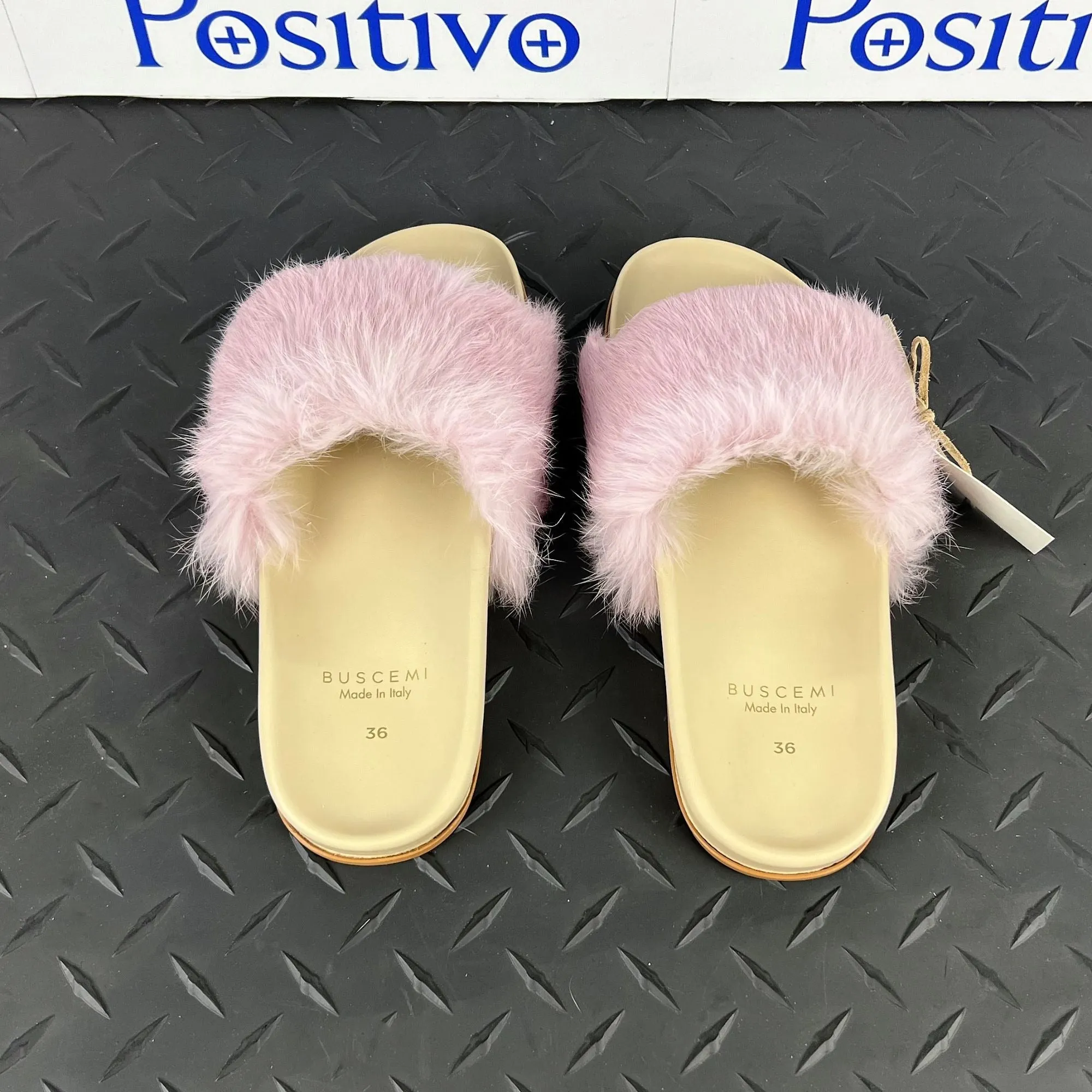 Buscemi Women's Slide Fur Clot Pink Leather Slippers