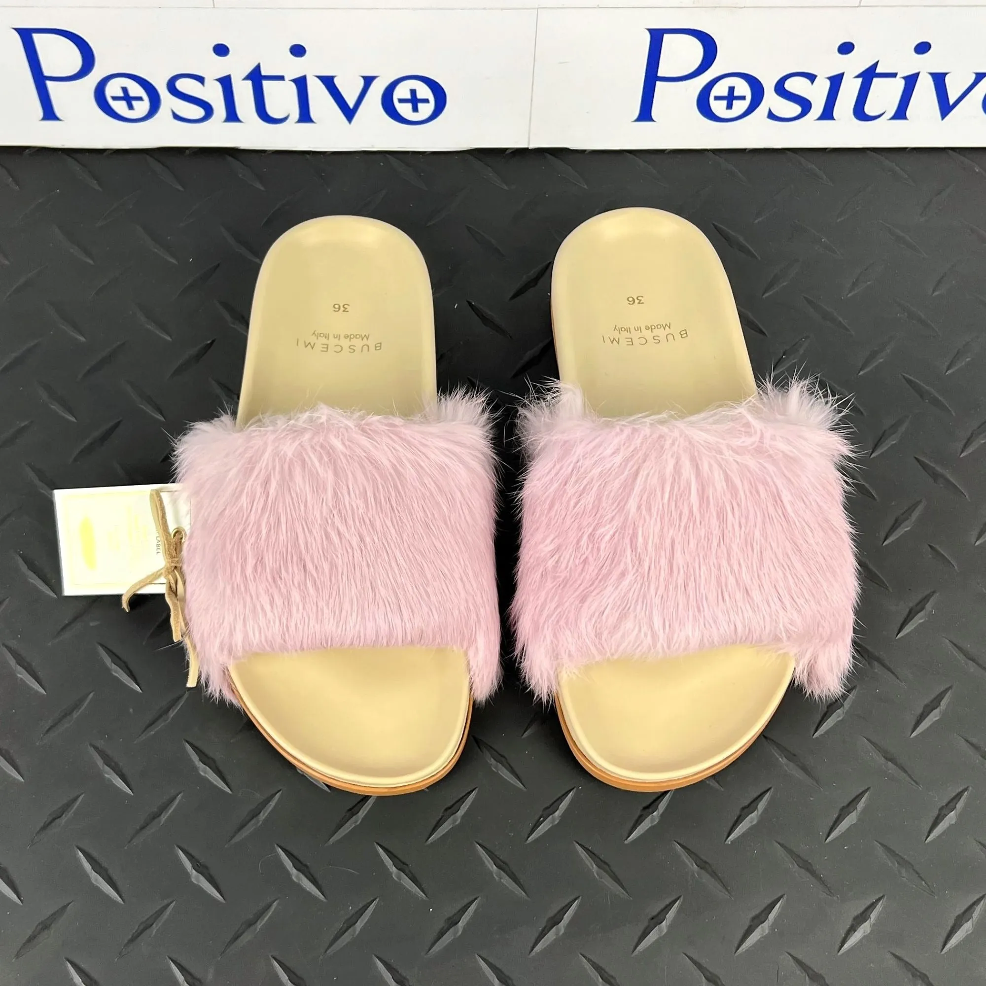 Buscemi Women's Slide Fur Clot Pink Leather Slippers