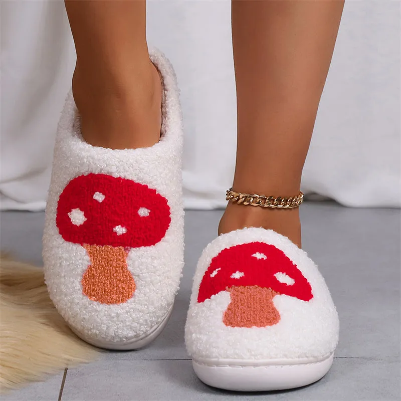 Casual Keep Warm Red Mushroom Fluffy Home Slippers