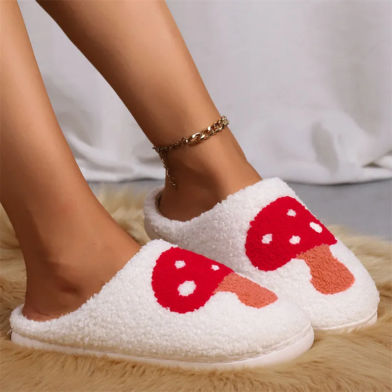 Casual Keep Warm Red Mushroom Fluffy Home Slippers