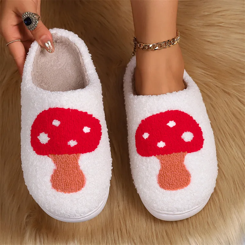 Casual Keep Warm Red Mushroom Fluffy Home Slippers