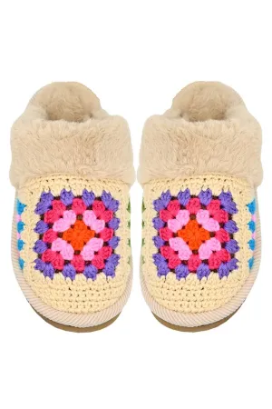 C.C Multi Color Crochet Faux Fur Winter Slippers: Beige