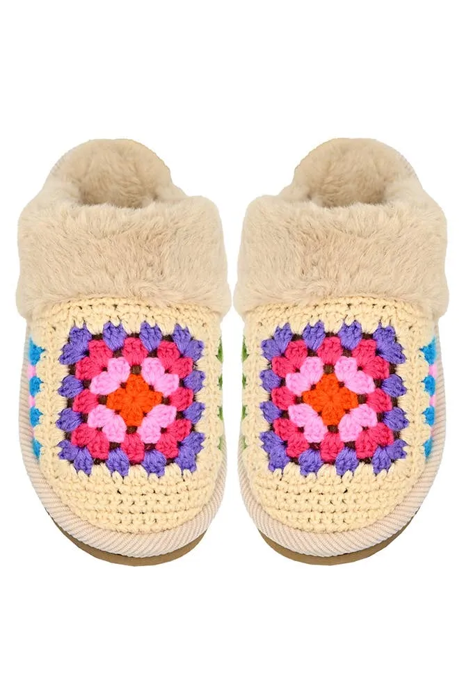 C.C Multi Color Crochet Faux Fur Winter Slippers: Beige