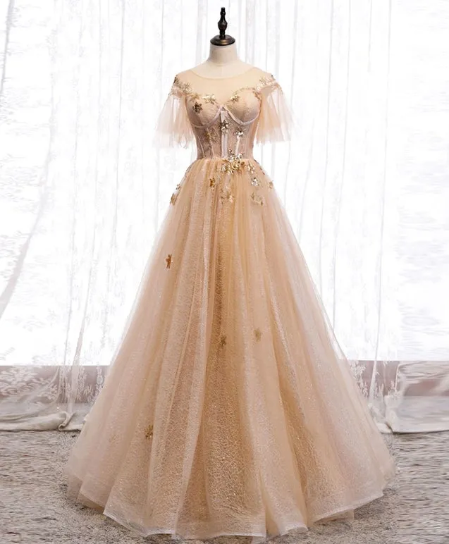Champagne Puffy Sleeves Tulle Long Evening Dress Party Dress, A-line Tulle Prom Dresses