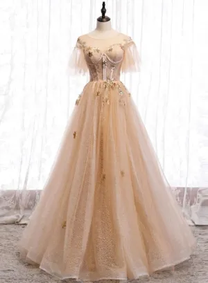 Champagne Puffy Sleeves Tulle Long Evening Dress Party Dress, A-line Tulle Prom Dresses