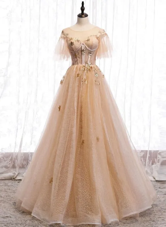 Champagne Puffy Sleeves Tulle Long Evening Dress Party Dress, A-line Tulle Prom Dresses