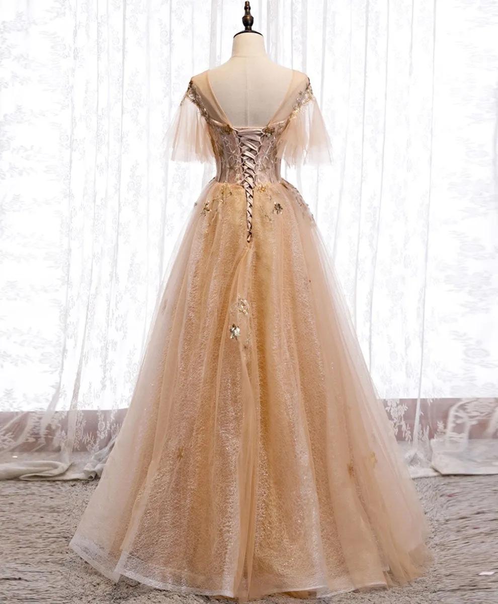 Champagne Puffy Sleeves Tulle Long Evening Dress Party Dress, A-line Tulle Prom Dresses