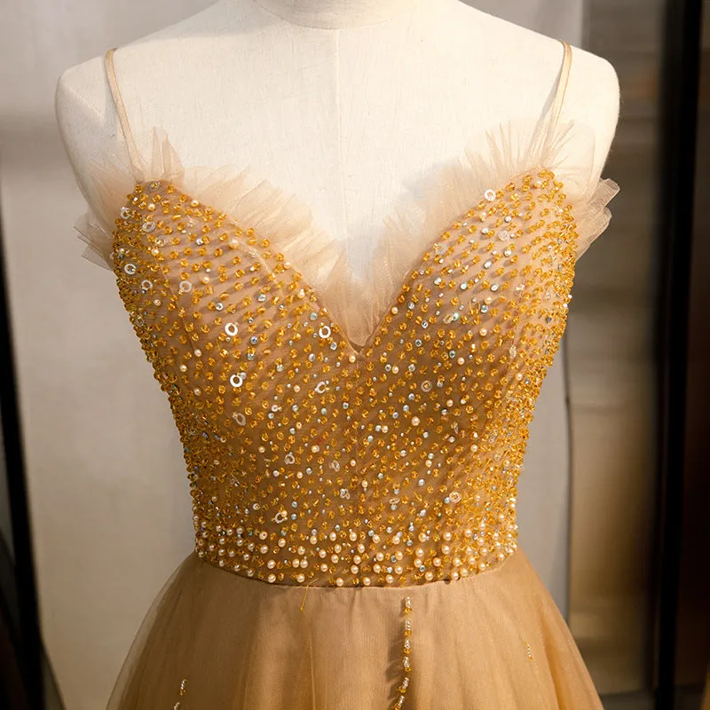 Champagne Sequins Tulle Straps Long Evening Dress Party Dress, Sweetheart Prom Dress