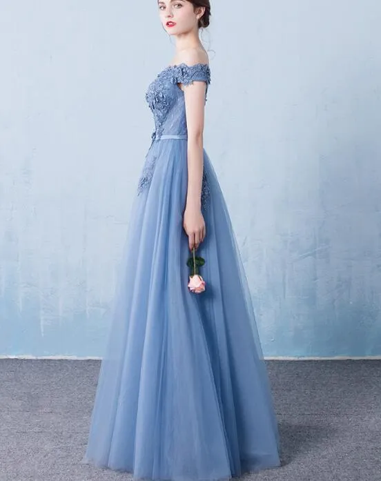 Charming Blue Tulle Off Shoulder Long Senior Prom Dress with Applique, Lovely Formal Dress