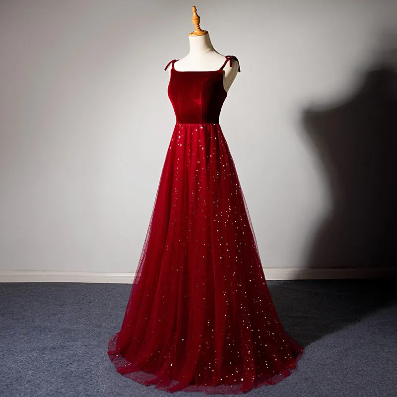 Charming Dark Red Tulle with Velvet Long Straps Party Dress, Bridesmaid Dress