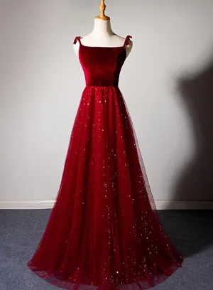 Charming Dark Red Tulle with Velvet Long Straps Party Dress, Bridesmaid Dress