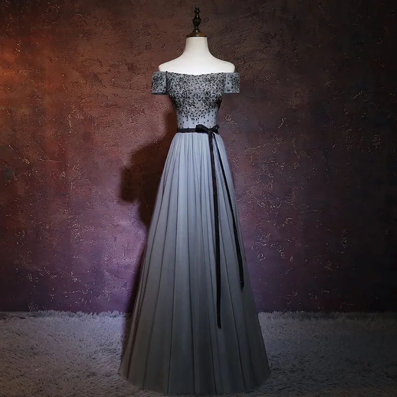 Charming Grey A-line Off Shoulder Prom Dress, Floor Length Formal Dress