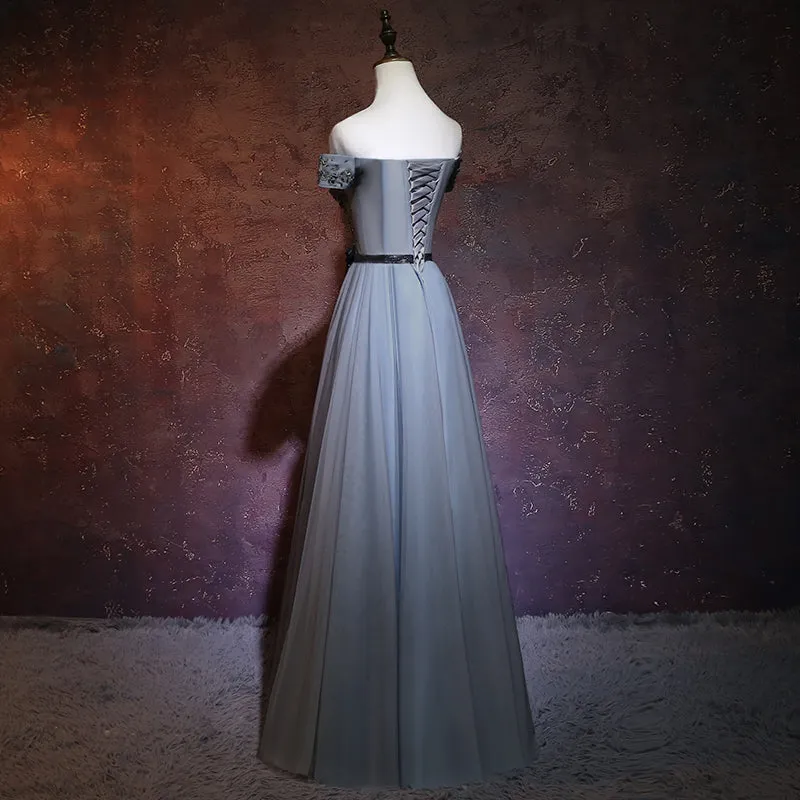 Charming Grey A-line Off Shoulder Prom Dress, Floor Length Formal Dress