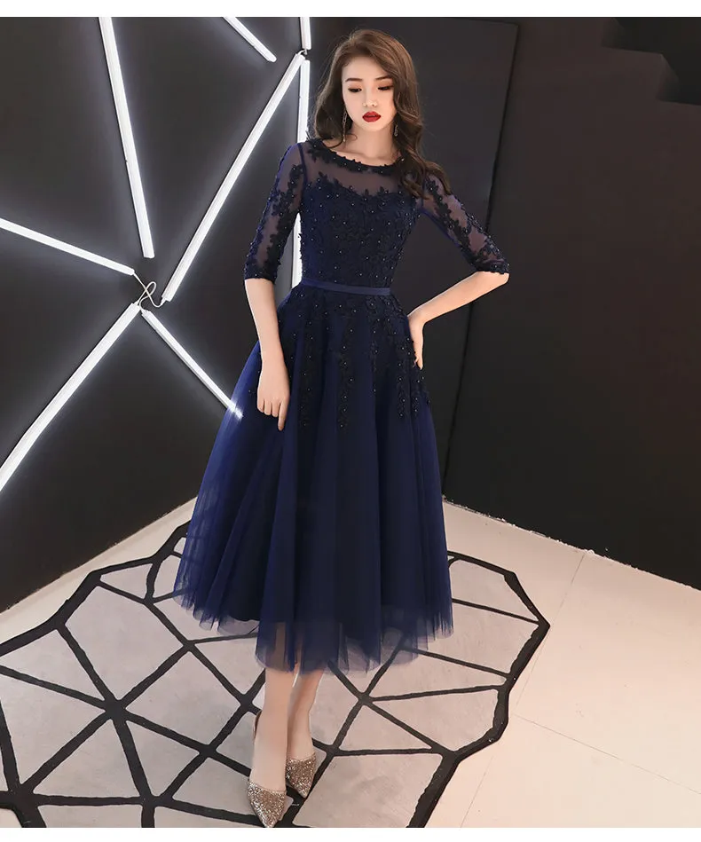 Charming Navy Blue Round Neckline Party Dress with Sleeves, Prom Dress