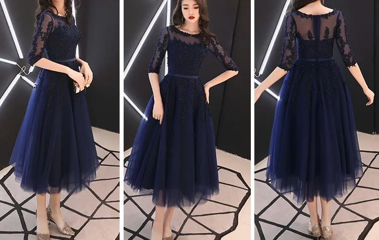 Charming Navy Blue Round Neckline Party Dress with Sleeves, Prom Dress