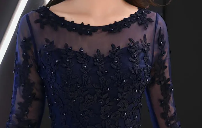 Charming Navy Blue Round Neckline Party Dress with Sleeves, Prom Dress