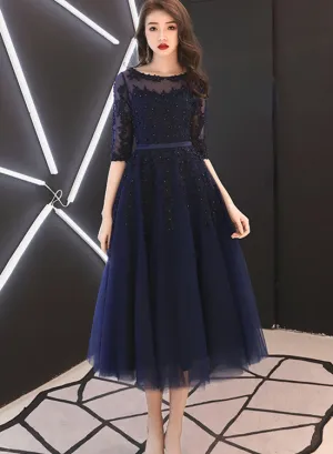 Charming Navy Blue Round Neckline Party Dress with Sleeves, Prom Dress