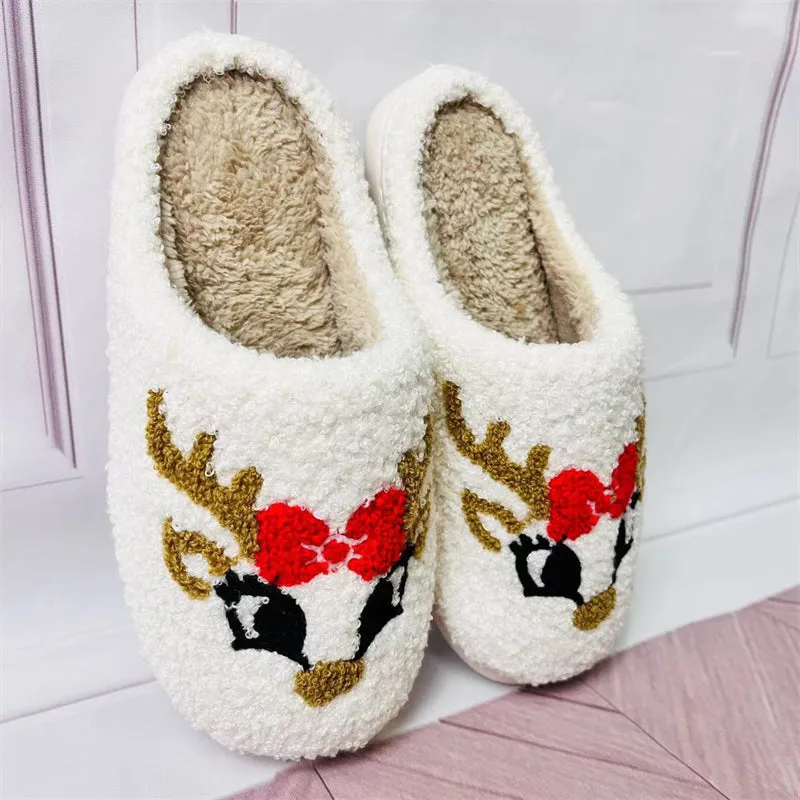 Christmas Little Deer Plush Lining Couple Home Slippers