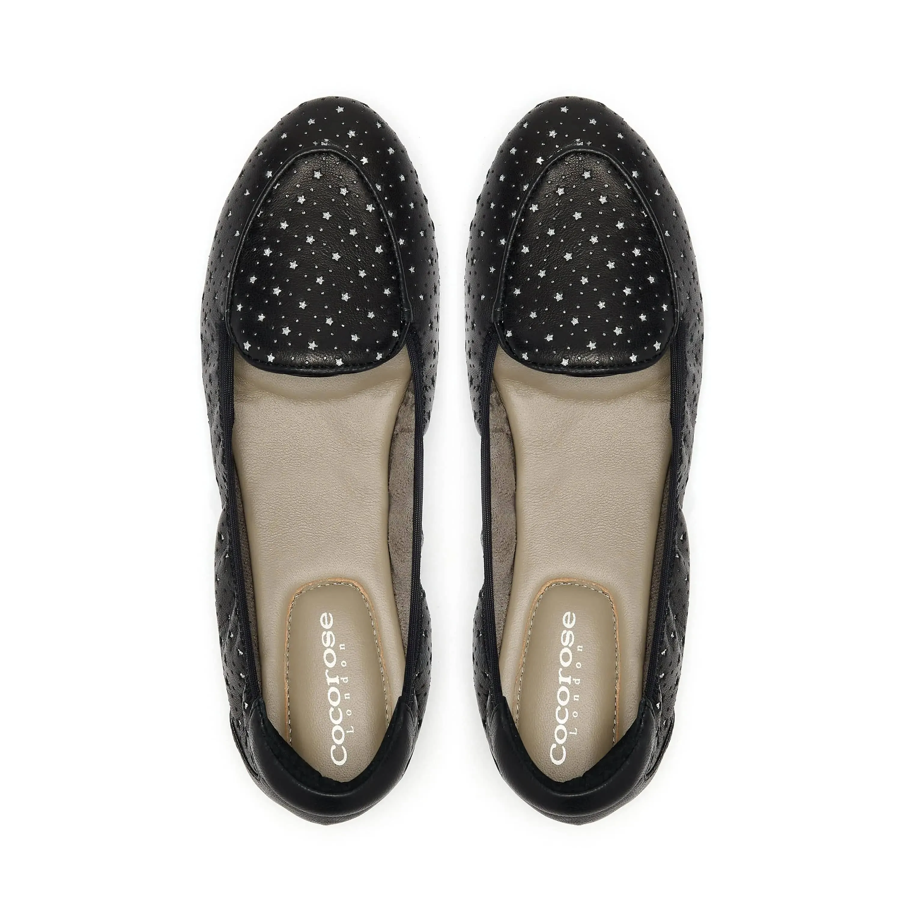 Clapham - Black Leather Flats with Silver Stars