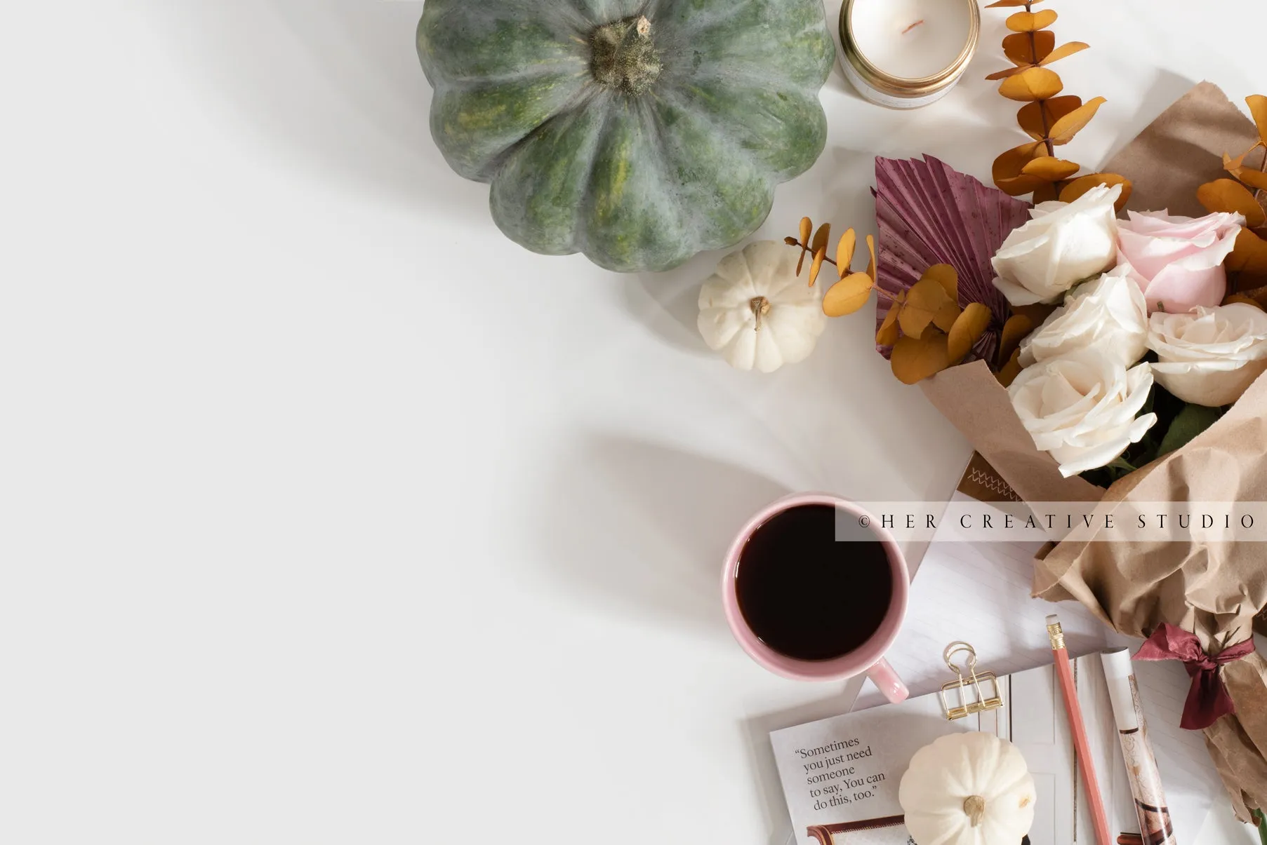 Coffee, Green Pumpkin & Bouquet of Flowers. Digital Stock Image.