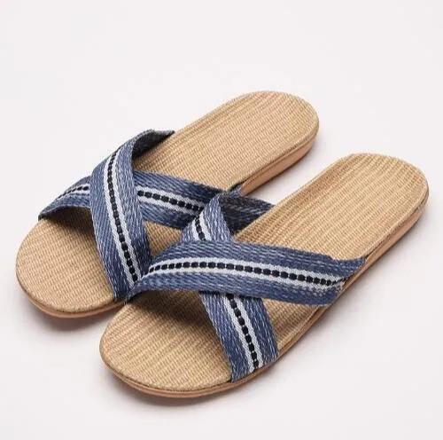 COOLSA Men's Outdoor Beach Flip Flops Cross Striped Linen Slippers Flat Sandals Indoor Bathroom Home Flax Slippers Men Slides