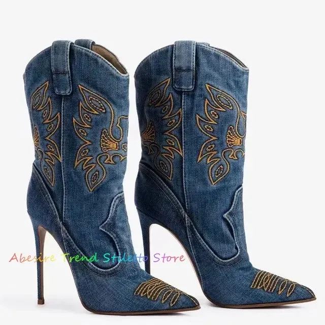 Cowboy Denim Pointed Toe High Heels