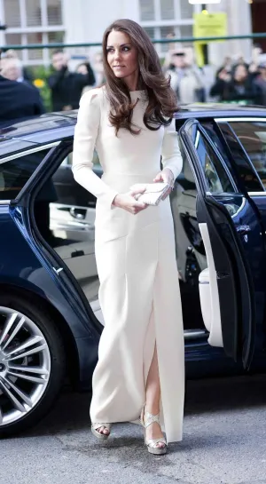 Cream The Duchess of Cambridge Kate Middleton Slit Long sleeves Dress Scoop Neck Prom Celebrity Dress Thirty Club
