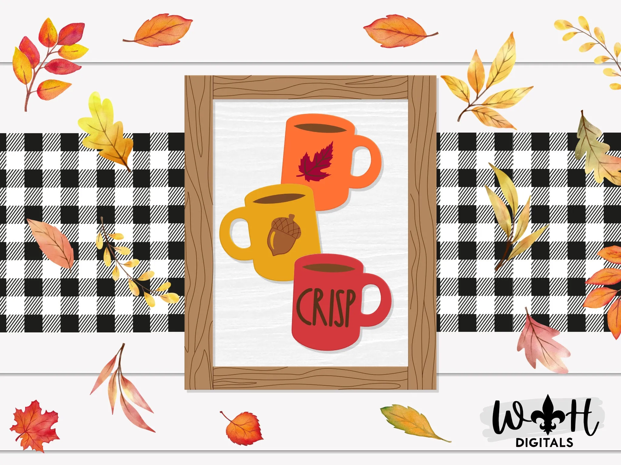 Crisp Stacked Coffee Mugs Farmhouse Frame Sign - Autumn Tiered Tray Decor and DIY Kits - Cut File For Glowforge Lasers - Digital SVG File