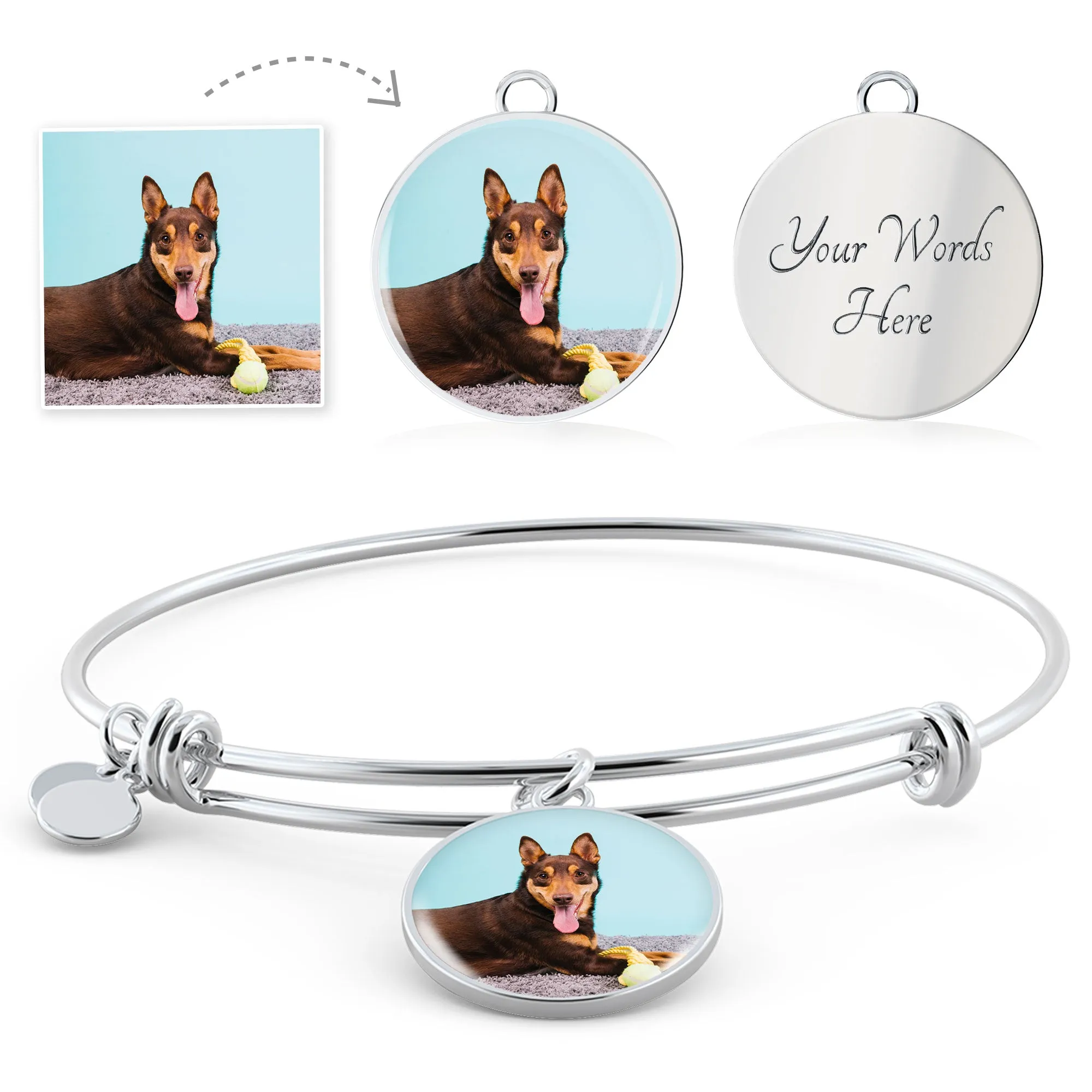Custom Glass Coated Circle Bangle Bracelet with engraved message
