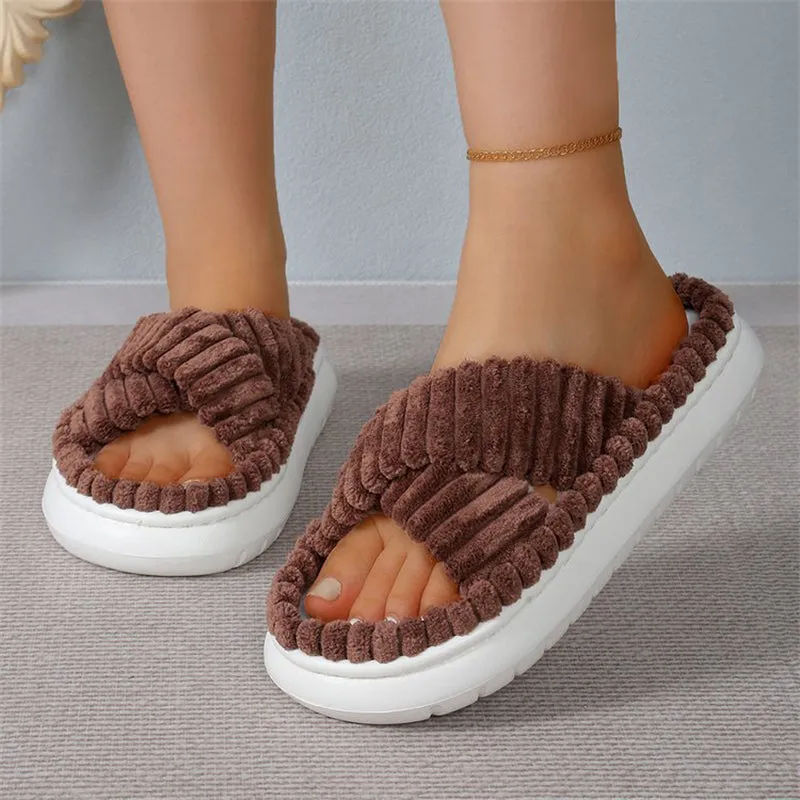 Cute Fluffy Candy Color Cross Strap Home Slippers for Women