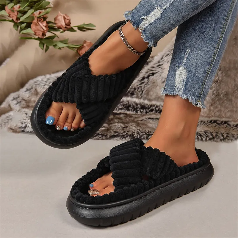 Cute Fluffy Candy Color Cross Strap Home Slippers for Women