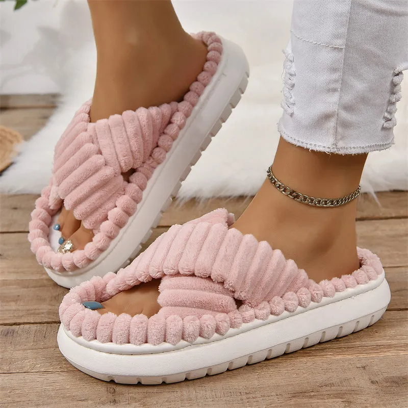 Cute Fluffy Candy Color Cross Strap Home Slippers for Women
