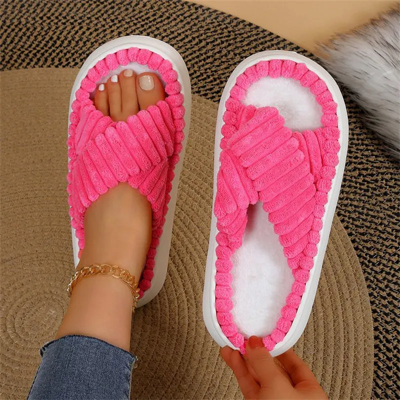Cute Fluffy Candy Color Cross Strap Home Slippers for Women