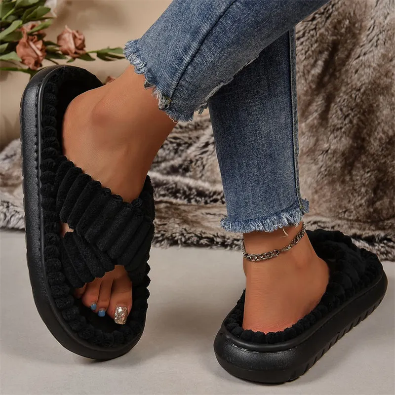 Cute Fluffy Candy Color Cross Strap Home Slippers for Women