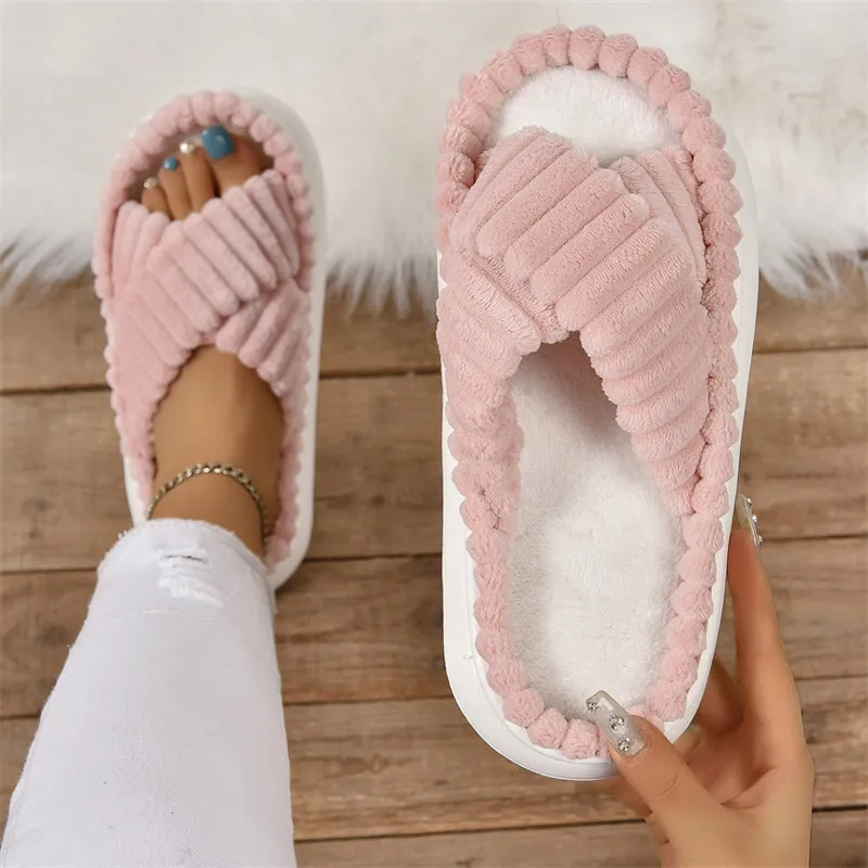 Cute Fluffy Candy Color Cross Strap Home Slippers for Women