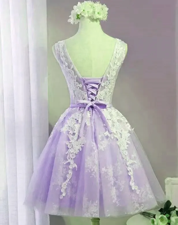 Cute Lavender Tulle Lace Applique Homecoming Dress , Short Prom Dress