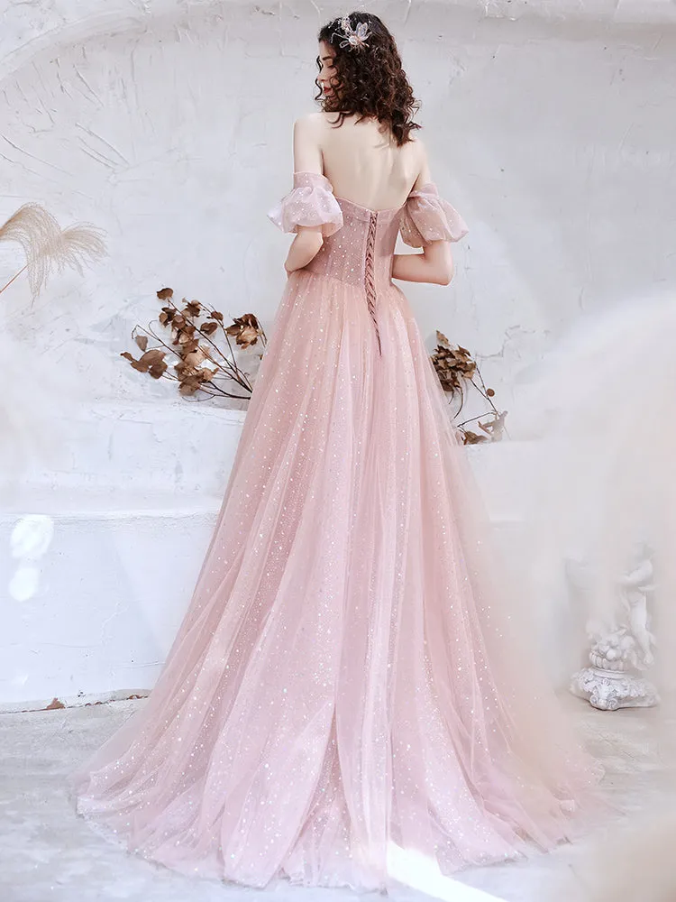 Cute Pink Tulle Long Formal Gown, A-line Off Shoulder Floor Length Prom Dress