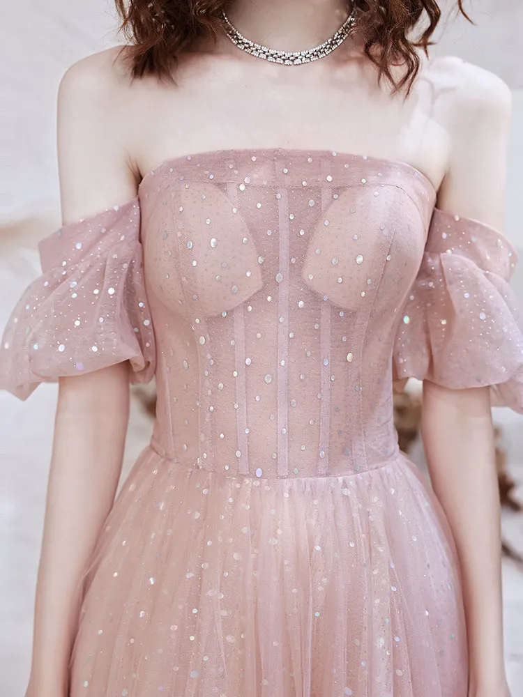 Cute Pink Tulle Long Formal Gown, A-line Off Shoulder Floor Length Prom Dress