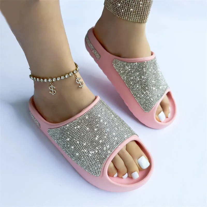 Cute Rhinestone Soft Thick Sole Summer Slides Slippers for Women