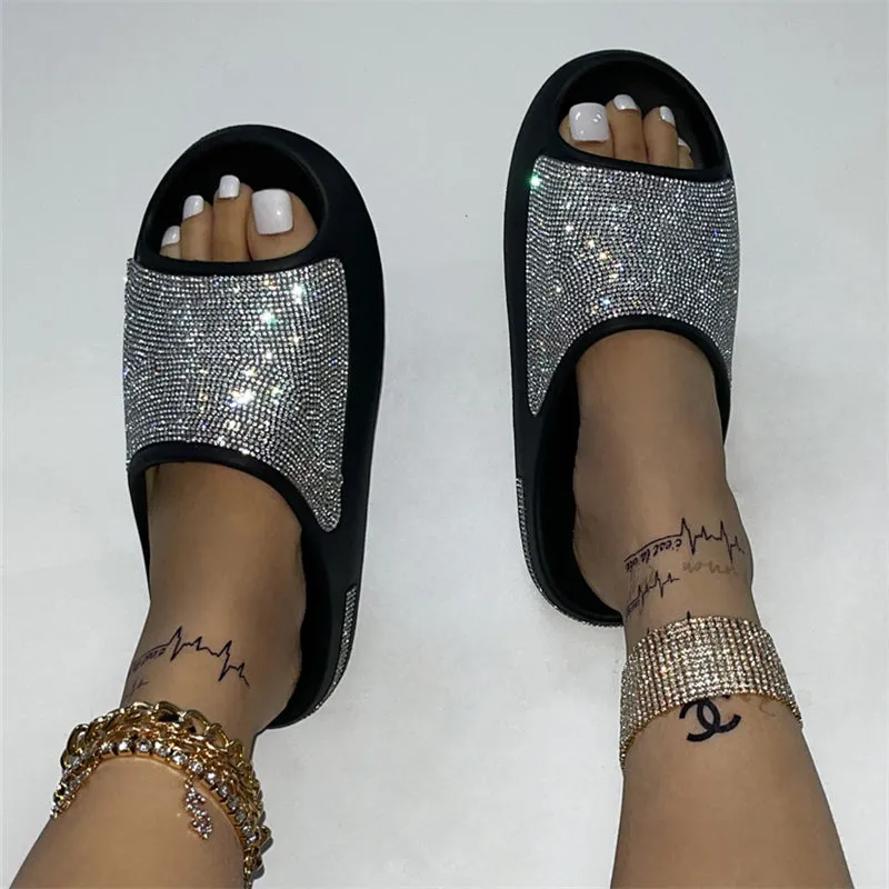 Cute Rhinestone Soft Thick Sole Summer Slides Slippers for Women