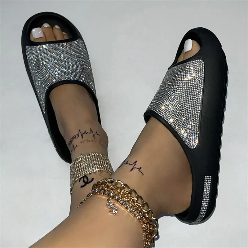 Cute Rhinestone Soft Thick Sole Summer Slides Slippers for Women